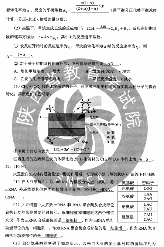 2020年陕西高考理综试题及答案解析