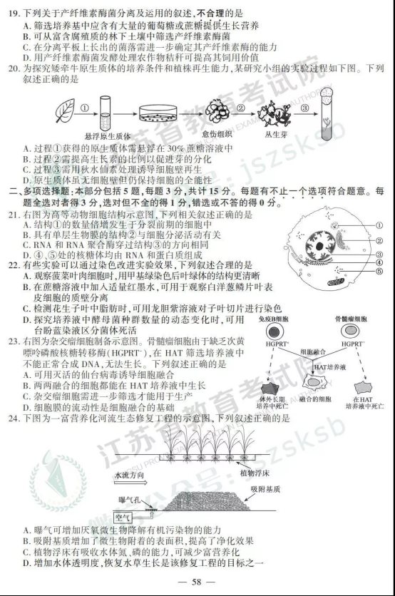 2019年江苏高考生物试题及答案