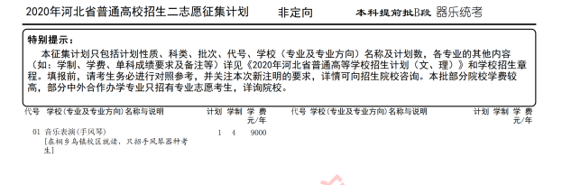 2020年河北高考本科提前批B段征集志愿招生计划及学费标准（器乐）