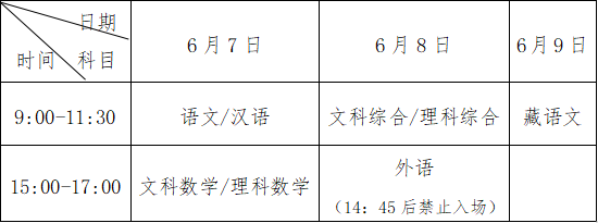 2021年西藏普通高等学校招生考试和对口高职考试科目时间