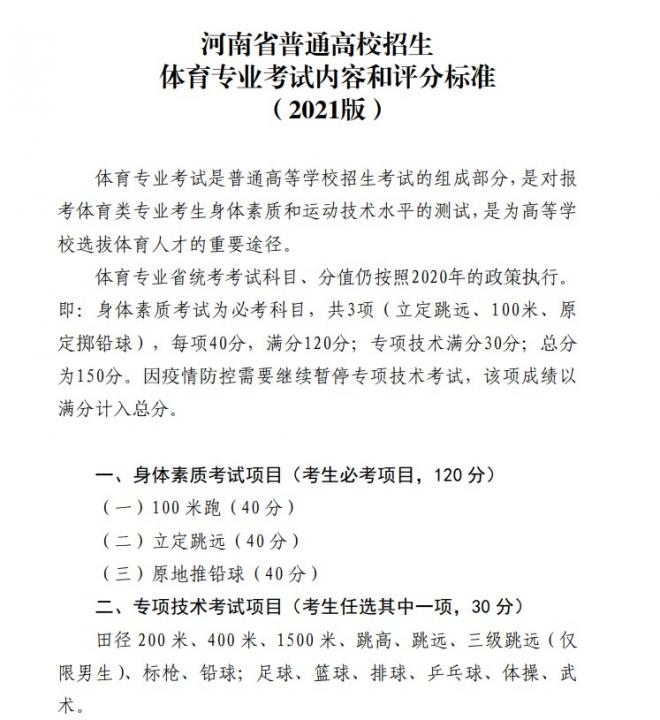 2021年河南高考体育专业考试内容及评分标准 成绩计算方法