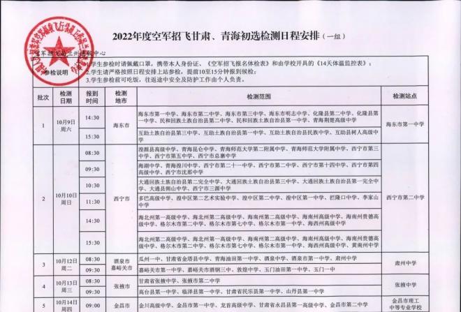2022年甘肃、青海空军招飞初选检测日程安排
