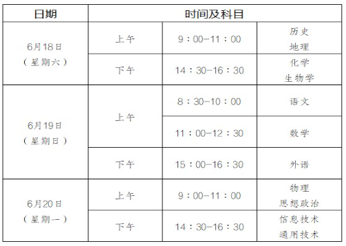 重庆第二学期普通高中学业水平合格性考试时间及科目安排